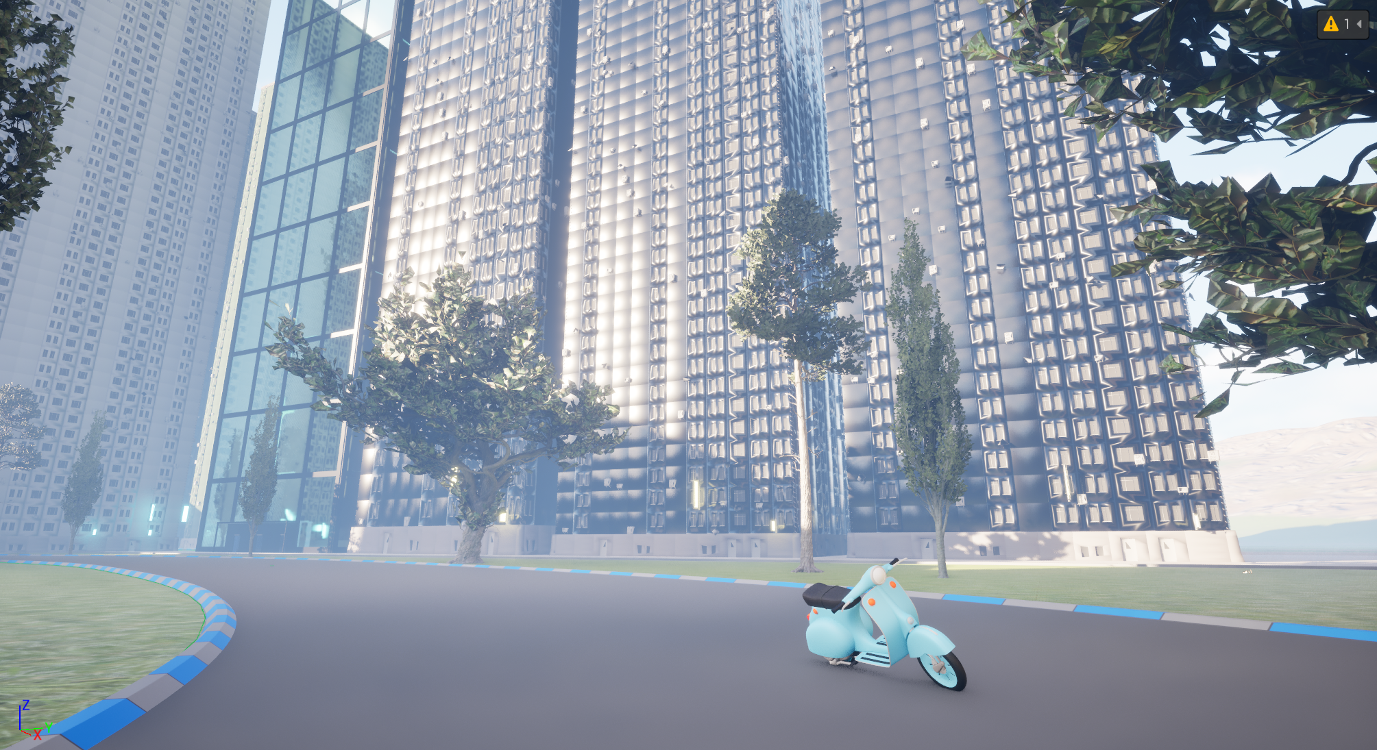 Image from the Vespa mode simulator showing a city scape and the VR Vesap turning a corner